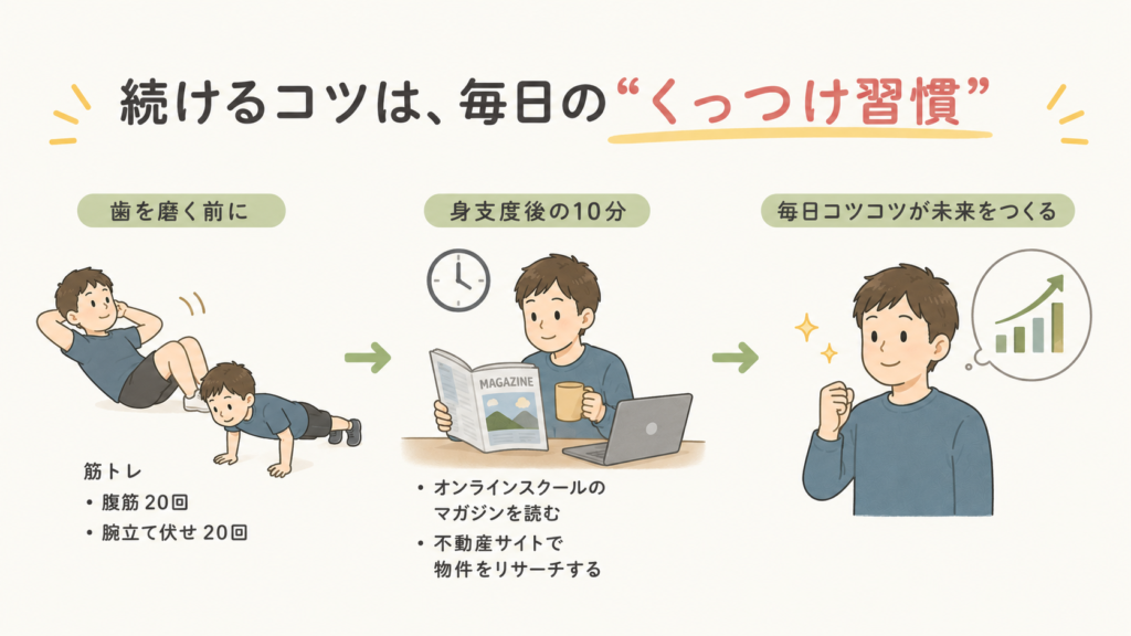 続けるコツは毎日のくっつけ習慣であることを示す図。歯を磨く前の筋トレ、身支度後の10分でオンラインスクールのマガジンを読み不動産サイトをリサーチする流れ