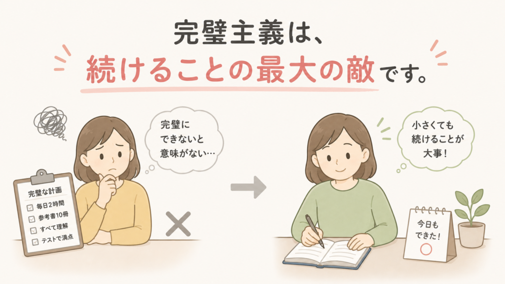完璧主義は続けることの最大の敵であることを示す比較図。毎日2時間・参考書10冊など完璧な計画を立てて悩む人と、小さくても続けることを大事にして今日もできたと記録する人の対比