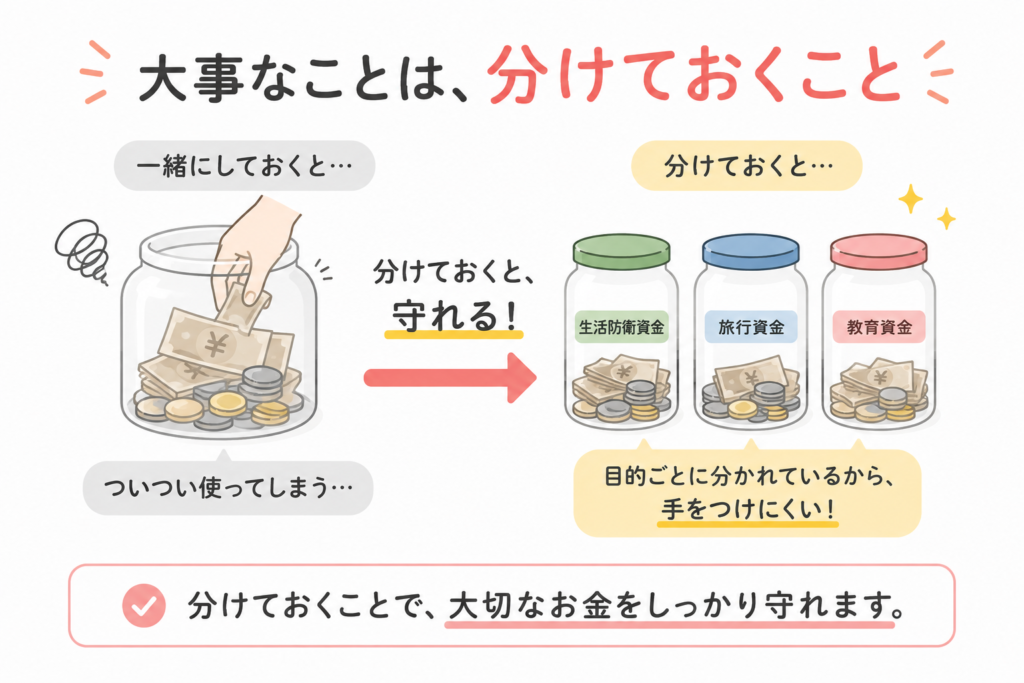 生活防衛資金は分けておくことが大事だと示す図。ひとつの瓶に入れるとつい使ってしまう状態と、生活防衛資金・旅行資金・教育資金に分けて手をつけにくくした状態の対比
