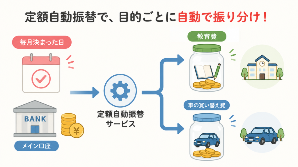 定額自動振替サービスの仕組み図。毎月決まった日にメイン口座から教育費と車の買い替え費の目的別口座へ自動で振り分けられる流れ