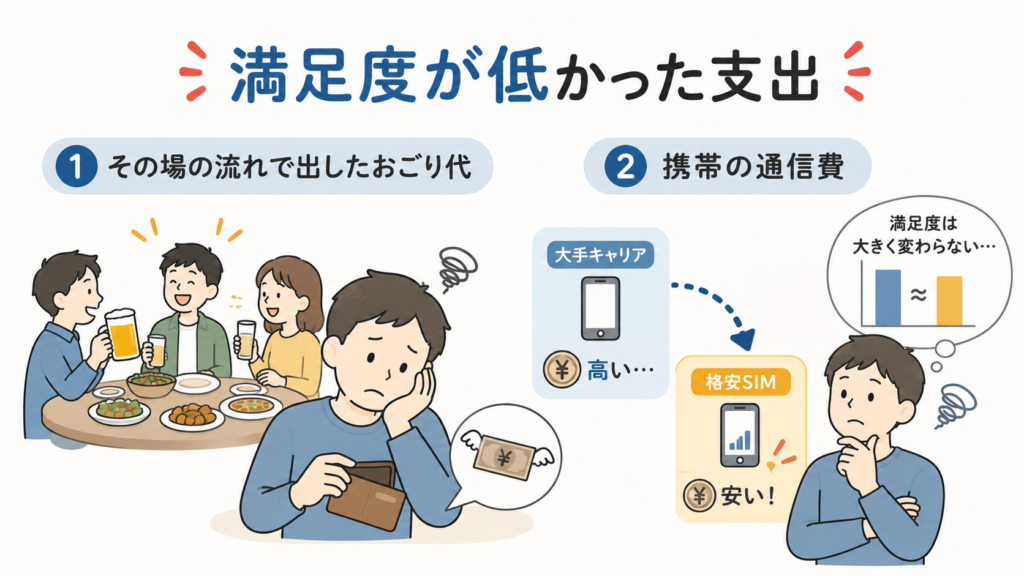 満足度が低かった支出の例を示す図。その場の流れで出したおごり代と、大手キャリアから格安SIMに変えても満足度が大きく変わらなかった携帯の通信費