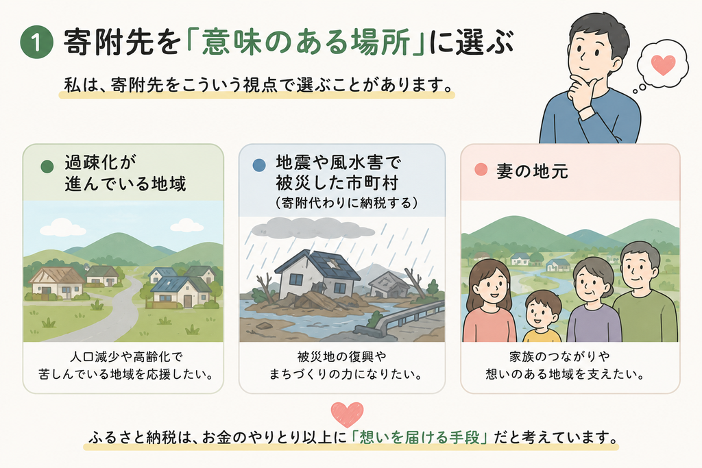 ふるさと納税の寄附先を意味のある場所に選ぶ考え方を示す図。過疎化が進んでいる地域、地震や風水害で被災した市町村、妻の地元という3つの視点