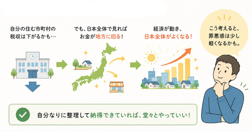 ふるさと納税をマクロの視点で考える図。自分の住む市町村の税収は下がるかもしれないが、日本全体で見ればお金が地方に回り、経済が動いて景気がよくなるという流れ