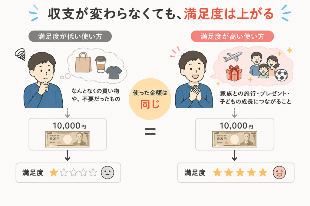 収支が変わらなくても満足度は上がることを示す図。同じ1万円でも、なんとなくの買い物に使う場合と、家族との旅行やプレゼント、子どもの成長に使う場合で満足度が異なる比較
