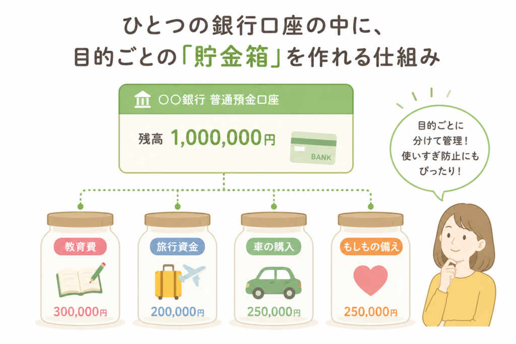 ひとつの銀行口座の中に、教育費・旅行資金・車の購入・もしもの備えなど目的ごとの貯金箱を作れる目的別口座の仕組みを説明した図