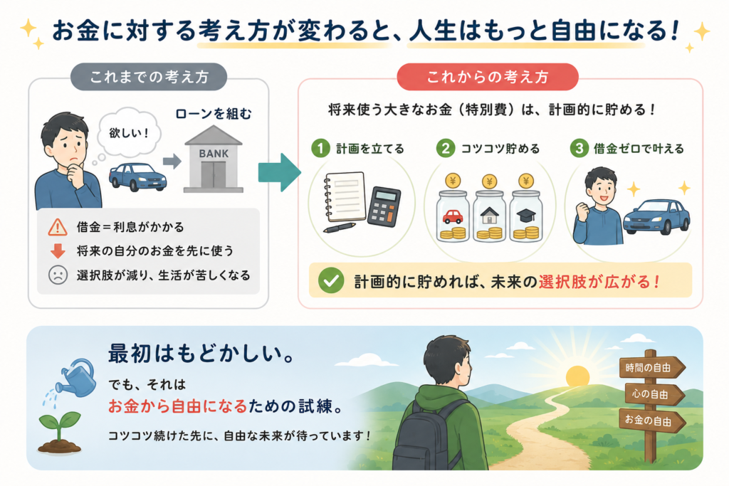 お金に対する考え方の比較図。ローンを組む従来の方法と、特別費を計画的に貯めて借金ゼロで買う方法を左右で対比した図