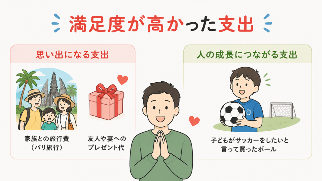 満足度が高かった支出の例を示す図。家族との旅行費、友人や妻へのプレゼント代という思い出になる支出と、子どもがサッカーをしたいと言って買ったボールという成長につながる支出