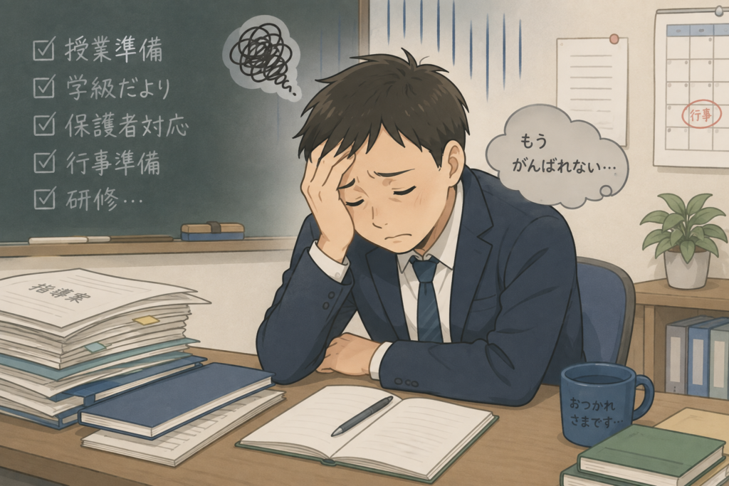 授業準備や保護者対応、行事準備に追われ、もうがんばれないと机で頭を抱える教員のイラスト
