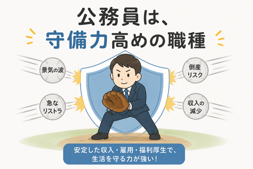 公務員は守備力高めの職種であることを示す図。景気の波・倒産リスク・急なリストラ・収入の減少を盾で守る公務員のイラスト