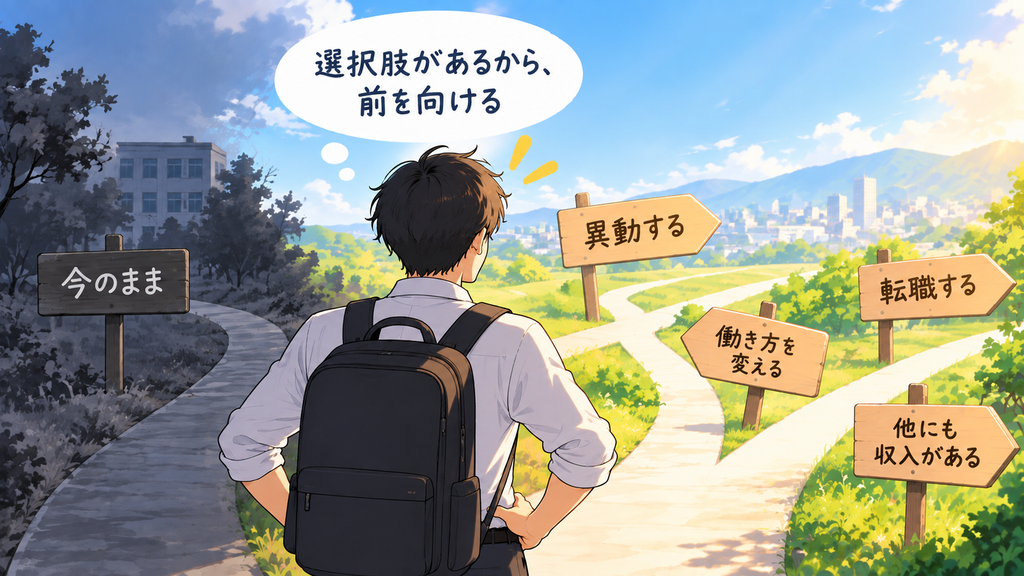 今のまま・異動する・転職する・働き方を変える・他にも収入があるという複数の道しるべを前に、選択肢があるから前を向けると感じている人のイラスト