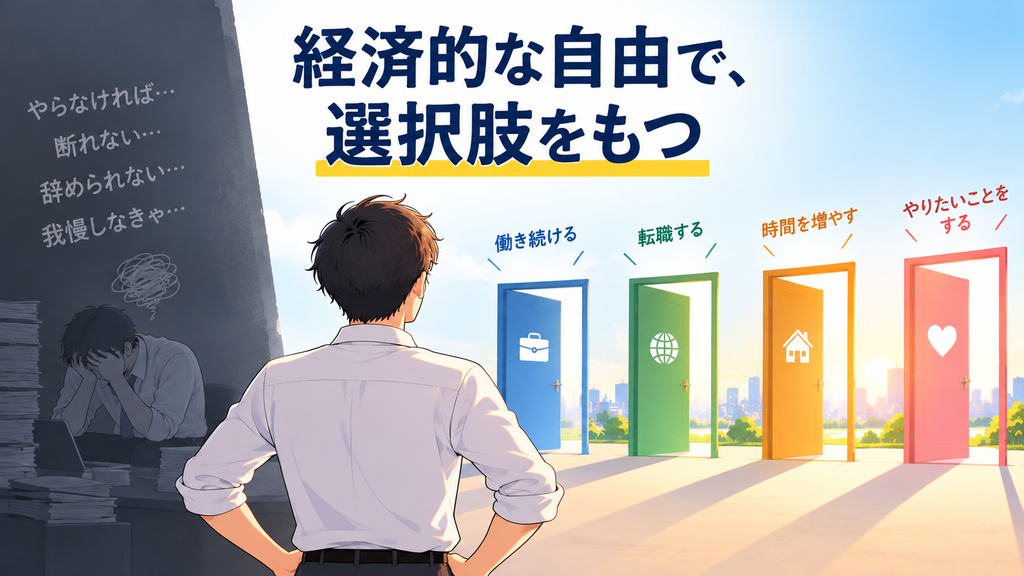 経済的な自由で選択肢を持つことを示すイラスト。やらなければ・断れない・辞められないと追い詰められた状態から、働き続ける・転職する・時間を増やす・やりたいことをするという複数の扉が開かれた状態への変化