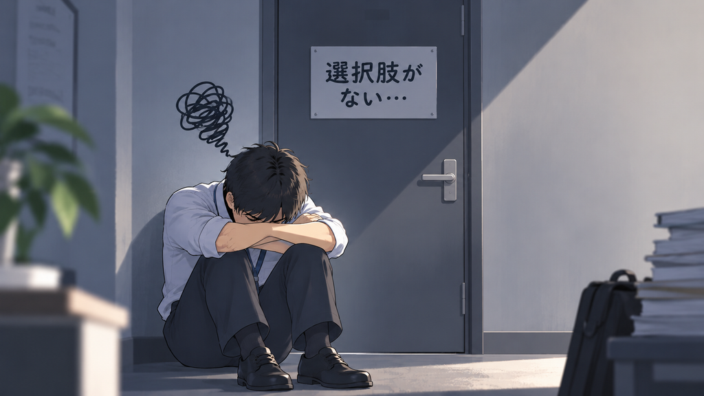 職員室の床にうずくまり、選択肢がないと感じて落ち込んでいる教員のイラスト